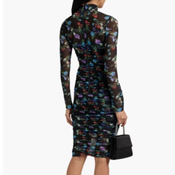 ALICE + OLIVIA DELORA FLORAL RUCHED STRETCH MESH BODY-CON BLACK DRESS sz 4 - Picture 5 of 11